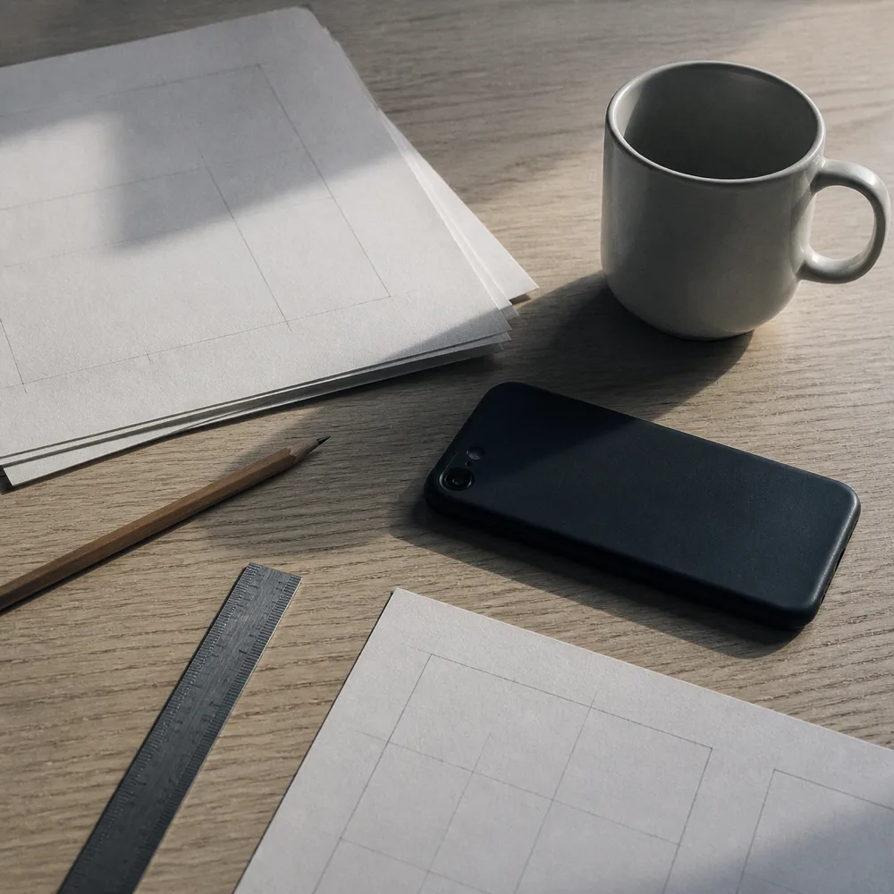 Loose sheets of paper marked with pencil rectangles, a wooden pencil and a steel ruler on a pale oak desk in window light.