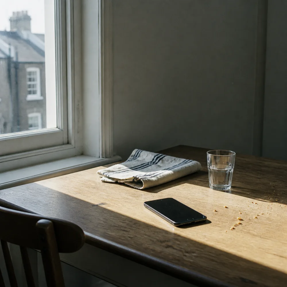 A kitchen table in a small flat with a phone lying face up, screen off, a glass of water and a hard rectangle of low winter sunlight across the wood.